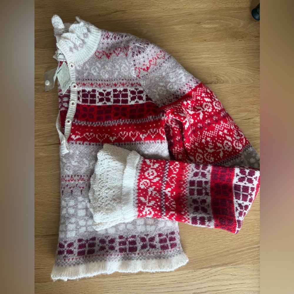 Free People Red & Cream Nordic Fair Isle Cardigan